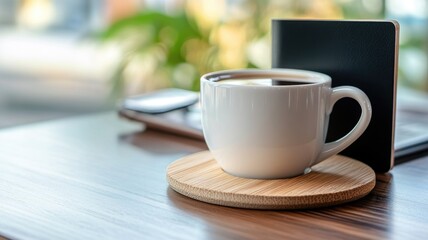 Obraz premium White coffee cup on wooden coaster, notebook background