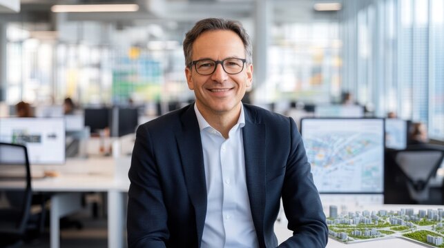 Professional Portrait of an Urban Planner Showcasing Digital Projects in a Modern Office Environment with a City Model and Technology Infographics