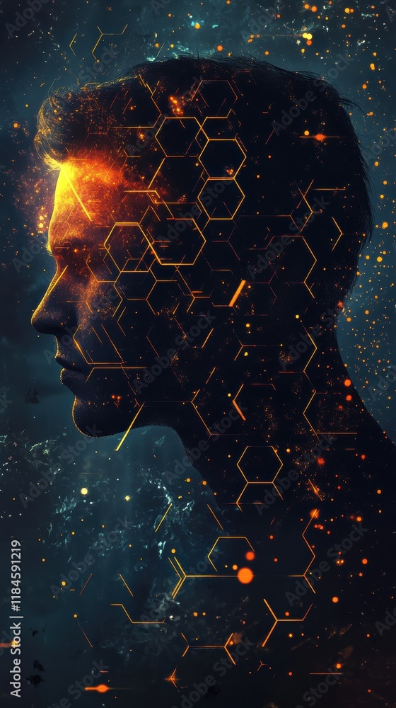 Aufkleber mystical profile filled with glowing hexagonal grids and vibrant designs symbolizing creativity and 