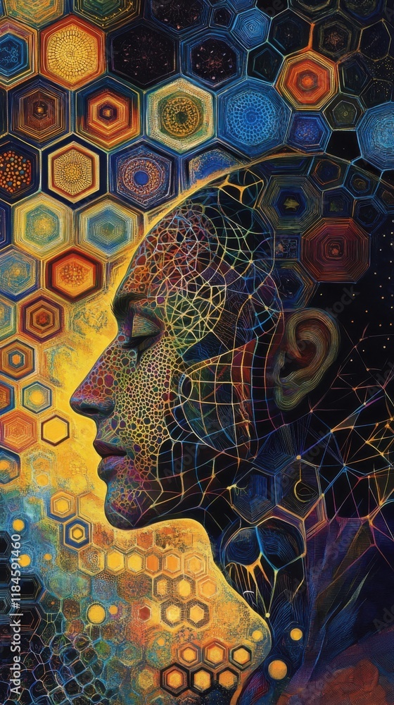 Aufkleber Mystical profile of a man adorned with glowing hexagonal grids and vibrant patterns symbolizing creativity and order