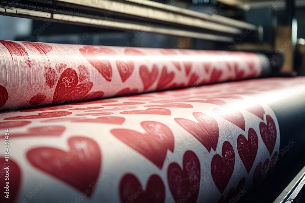 Poster large industrial printing machine creating rolls of wrapping paper with a pattern of red hearts for 