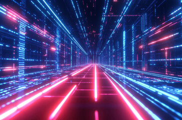 Obraz premium Neon lights in electric blue and red illuminate a digital tunnel, creating a sense of depth and speed. The lines appear to race toward a distant horizon, enhancing the futuristic atmosphere.