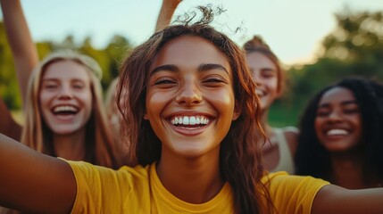Fototapeta premium Diverse group of happy friends celebrate victory, celebrate teamwork outdoors, as they enjoy a game in the lush green scenery of a summer park.
