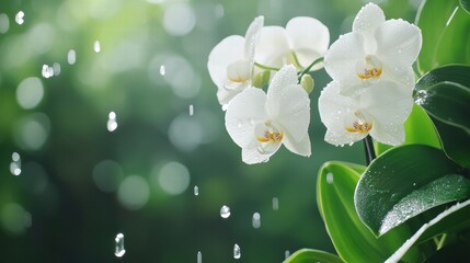 Obraz premium Close-Up of Orchids in a Humid Environment with Water Droplets Glimmering on Petals and Leaves Capturing Nature's Beauty and Serenity