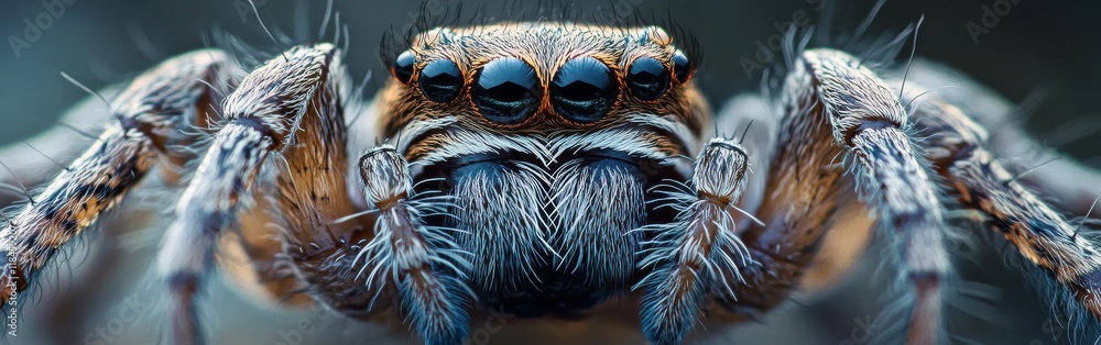 Poster macro view of a wolf spider showcasing its reflective eyes and intricate details of its exoskeleton 
