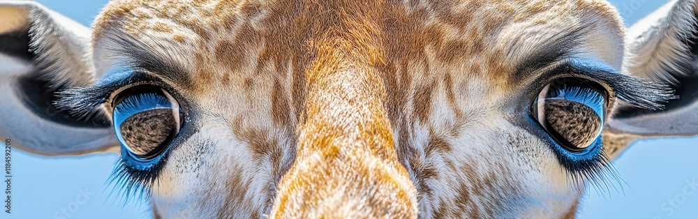 Aufkleber Close-up view of a giraffe's face showcasing its expressive eyes and distinctive fur patterns against a blue sky