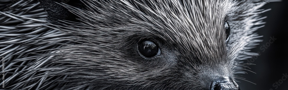 Poster Macro capture of a hedgehog's face showcasing intricate spines and curious eyes in soft lighting