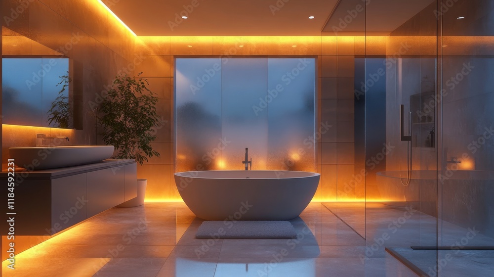 Poster luxurious bathroom with ambient lighting and soaking tub enhancing relaxation in a modern setting