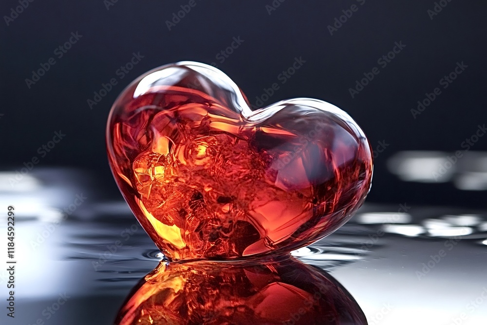 Poster shiny red crystal heart reflecting on a wet dark surface, creating a mesmerizing play of light and c