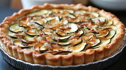 Delicious puff pastry tart with goat cheese, caramelized onions, and zucchini baked to perfection in a rustic kitchen setting