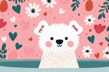 A cute, cartoon-style polar bear with rosy cheeks, surrounded by colorful hearts and flowers against a pink background.