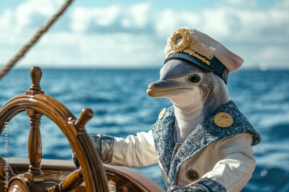 Poster dolphin dressed as ship captain navigating the ocean with a ships wheel on a sunny day. generative a