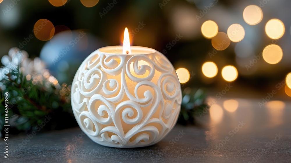 Poster decorative white candle with intricate patterns, glowing in festive setting, soft bokeh lights backg