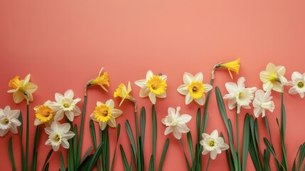 Fototapeta premium Beautiful yellow and white daffodils blooming on a vibrant coral background with ample copy space. Fresh spring floral border of narcissus flowers, perfect for seasonal greetings and designs.