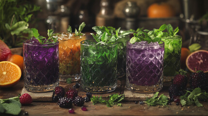 Workshop setting showcasing an array of artisan cocktails in vibrant colors.