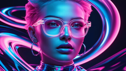 Fototapeta premium A surreal portrait of a DJ in action, blending art and reality with vibrant abstract waves of pink, blue and orange flowing around their faces.