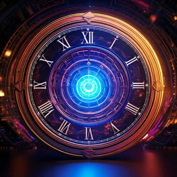 Mecanismo de un reloj anal&oacute;gico antiguo de fantas&iacute;a en un t&uacute;nel del tiempo. Concepto tiempo y espacio, AF