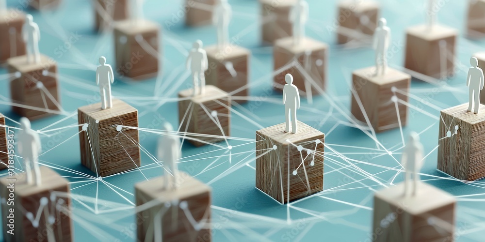 Aufkleber abstract network concept with wooden blocks and white figures representing connections.