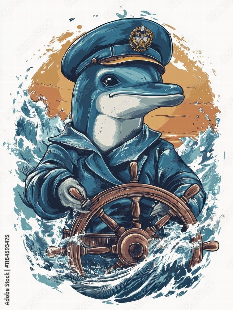 Poster dolphin dressed as ship captain navigating the ocean with a ships wheel surrounded by waves. generat