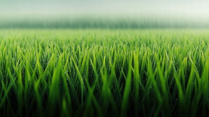 Fototapeta premium Vast Green Rice Fields in Early Morning Mist with Rising Sunlight Casting a Serene Atmosphere Over the Landscape