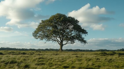 Obraz premium A tree growing tall and strong in the middle of a field, surrounded by green grass and blue skies.