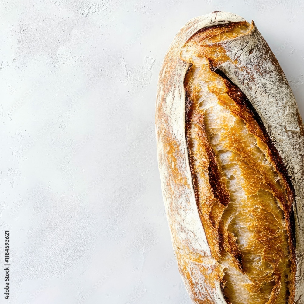 Poster freshly baked sourdough loaf displaying airy crust and golden brown texture on a neutral background