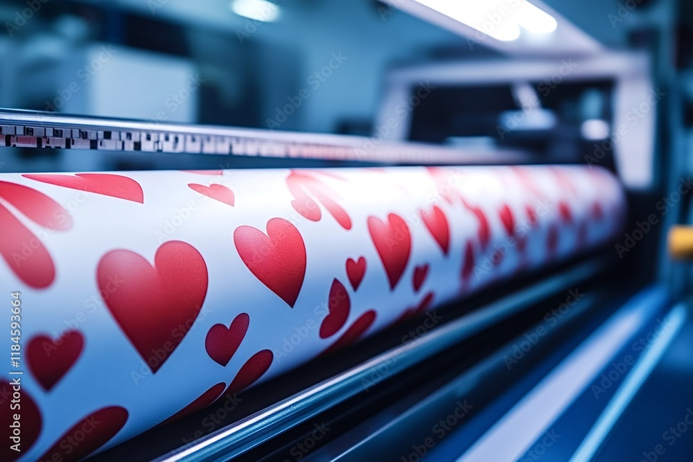 Poster industrial printing machine is creating a pattern of red hearts on a roll of white wrapping paper, i
