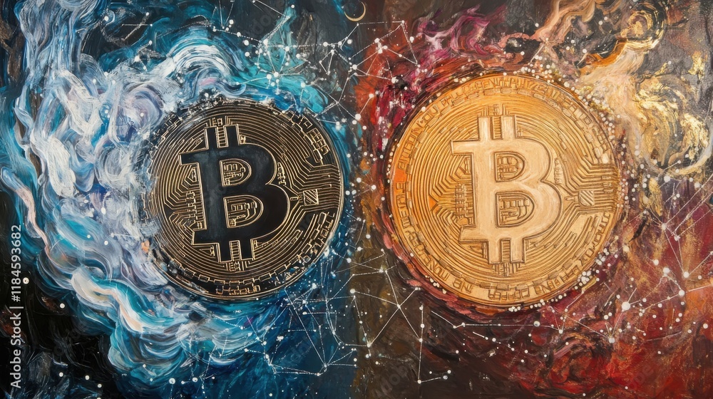 Poster fusion of cryptocurrency icons showcasing interconnected blockchain visuals and dynamic data streams