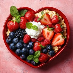 Obraz premium Heart-shaped bowl filled with colorful berries and creamy yogurt for a fresh breakfast.