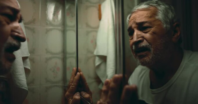 Elderly man raising his hands to the mirror, pleading silently for answers as he faces the pain of his past and wrestles with overwhelming guilt in an emotional scene