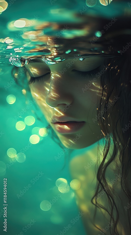 Poster bokeh effect creates a serene underwater experience with tranquil teal and aquamarine tones for a ca