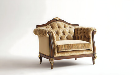 A brown velvet chair with gold trim sits on a white background