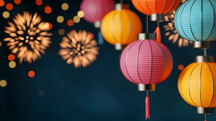 Colorful Lanterns with Fireworks in Background