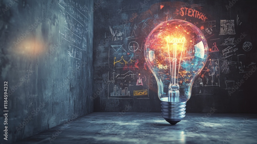 Poster glowing light bulb illuminates creative concepts in an industrial workspace filled with innovative d