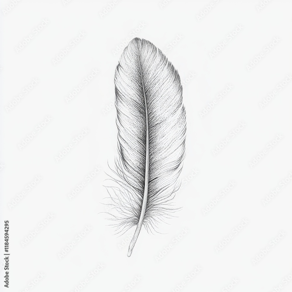 Poster delicate feather drawn with soft pencil strokes, highlighting intricate details and texture against 