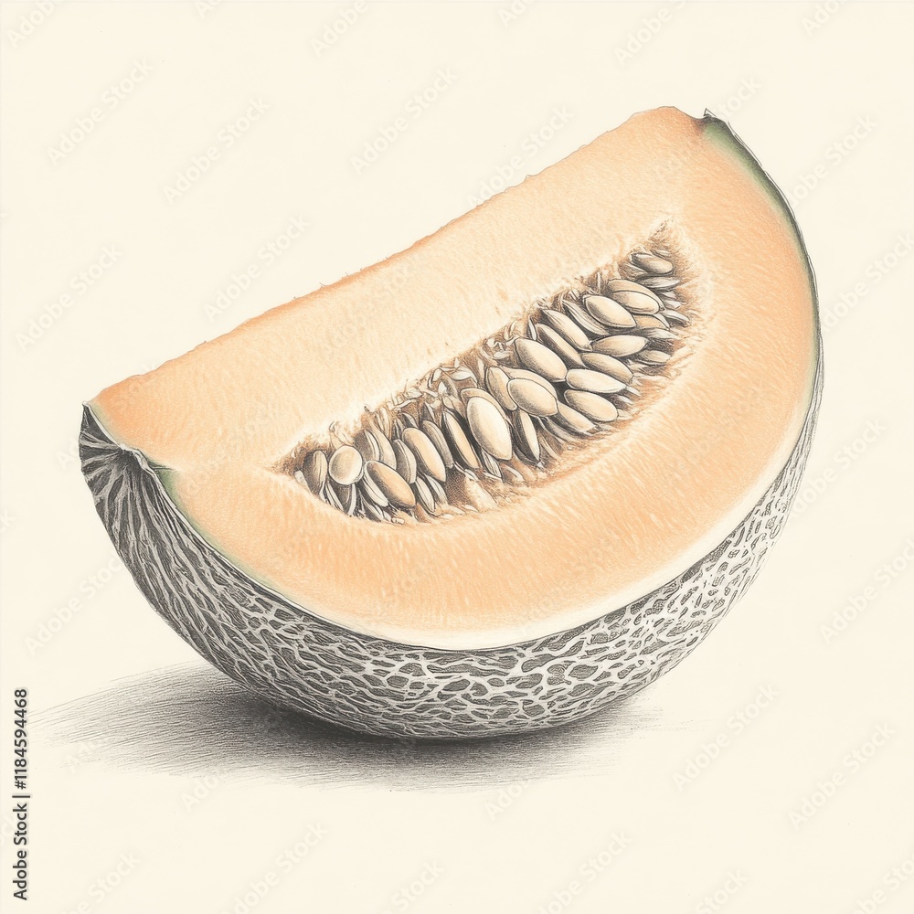 Poster detailed pencil illustration of a cantaloupe slice showcasing its seeds and texture in a minimalist 