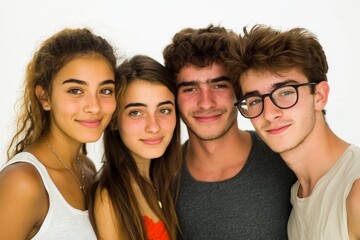 Obraz premium A close-up portrait of four smiling young adults, showcasing friendship and happiness against a plain backdrop.