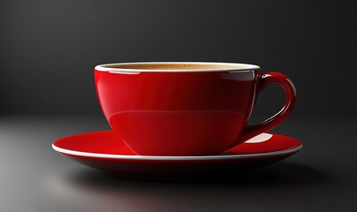 A vibrant red coffee cup and saucer with a rich beverage, set against a dark background.