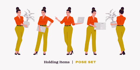 Modern businesswoman holding items pose set. Business lady, high waisted pants, loose office work long trousers with belt, attractive classy blouse female model. Vector flat style cartoon illustration