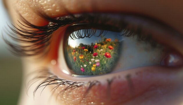 Close up of human eye reflecting vibrant garden full of colorful flowers