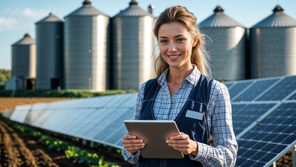 Smiling businesswoman with a laptop works outdoors in the city