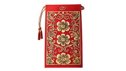 Elegant red pouch with intricate floral gold design and tassel