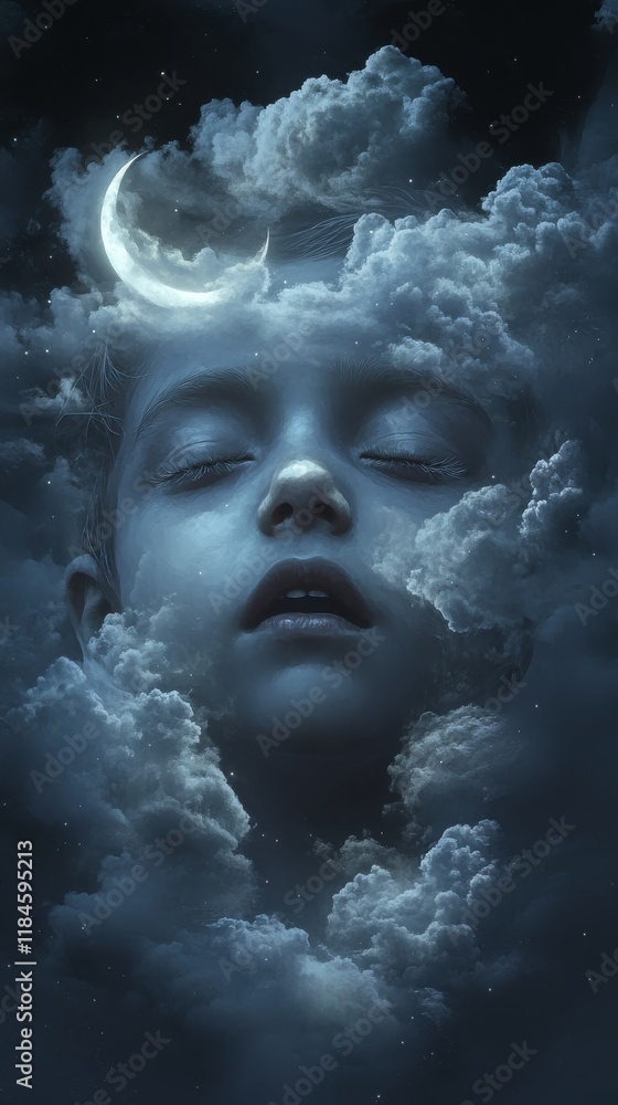 Poster conceptual visualization of a child's serene face immersed in the mystical glow of crescent moons an
