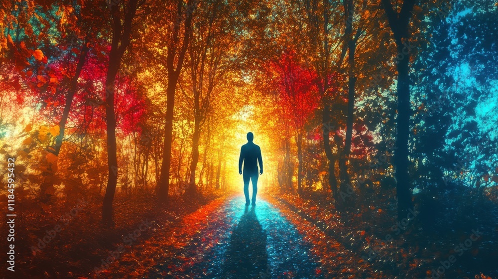 Poster radiant figure walking through vibrant autumn forest paths representing change and self-reflection
