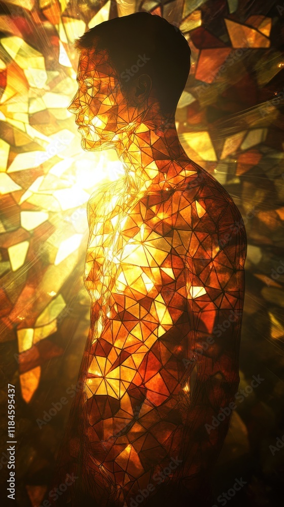 Poster silhouette of a man glowing with vibrant patterns and polygonal designs representing balance and har