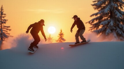 SPEED RAMP Two snowboarders riding towards the setting sun