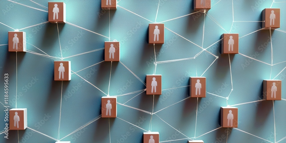 Poster abstract network of human icons connected by lines, symbolizing community and interaction.