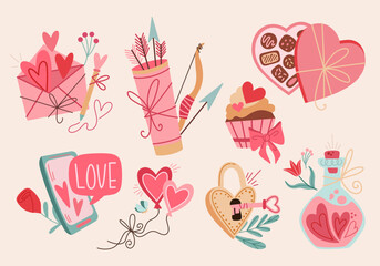 Cute vector set of Valentine's Day stickers for decoration and design. Valentine's Day, love, Pink cartoon illustrations in retro and vintage style. Love gifts, sweets, heart, key and lock, love note,