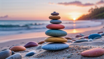 Zen stones balanced in a harmonious stack on the sandy beach against the calm summer sea