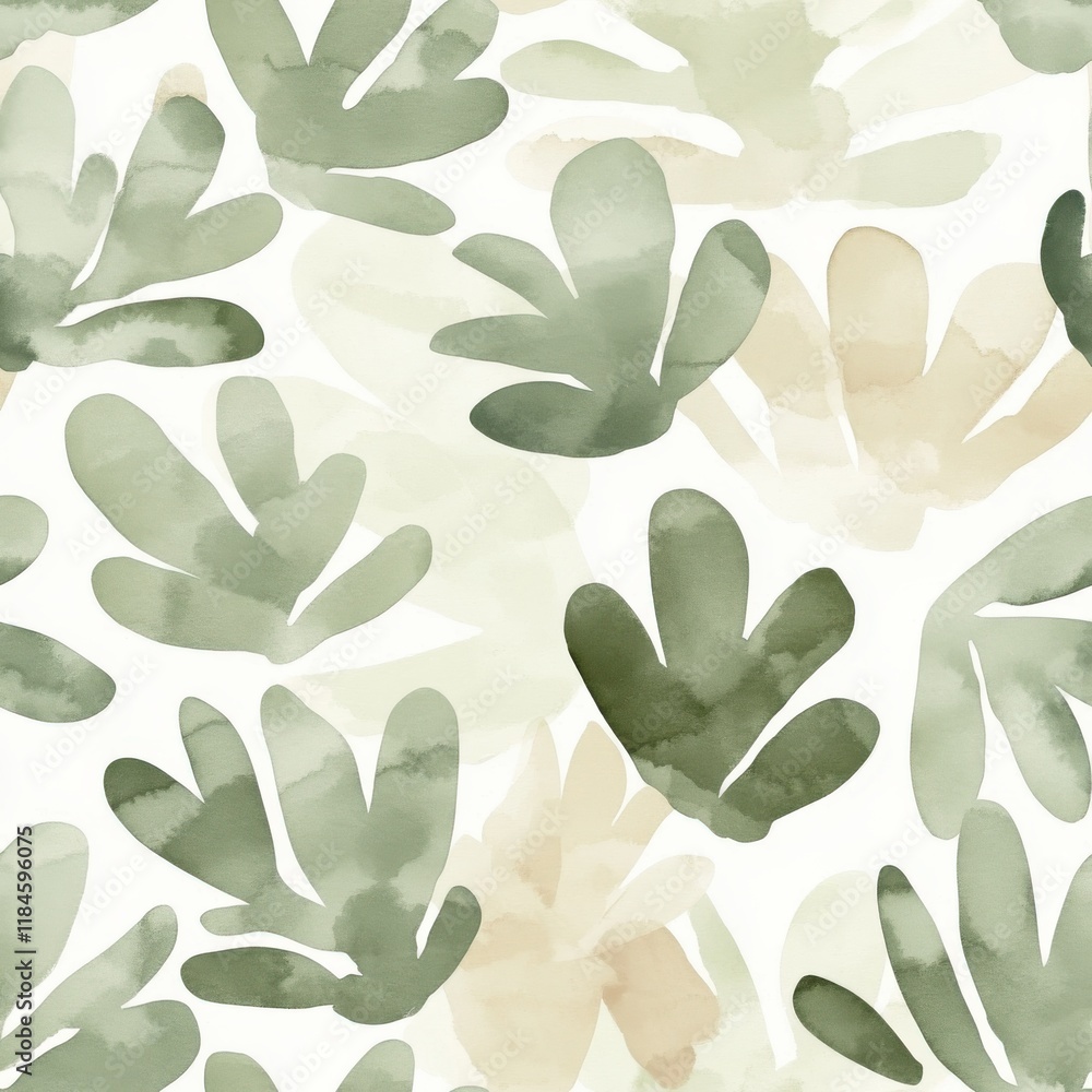 Poster calming watercolor doodle patterns with abstract botanical shapes in muted green and beige hues for 